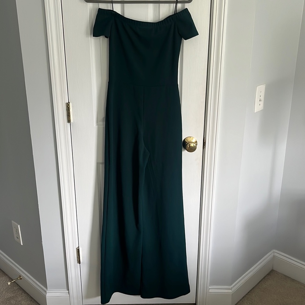 Dark green, off the shoulder, form fitting, flared pants, formal jumpsuit